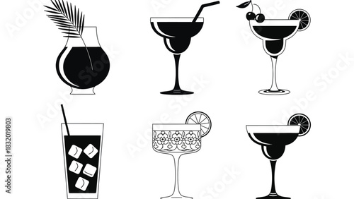 Illustration of various alcoholic drinks in black and white style art