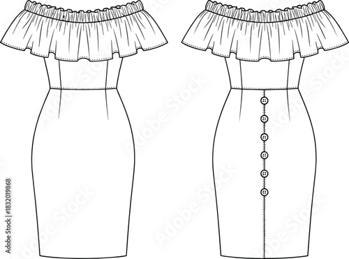 Off-shoulder dress sketch, front and back view, ruffled neckline, pencil skirt, button detail, CAD streetwear flat vector illustration