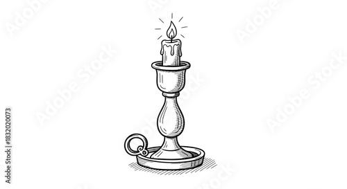 Elegant sketched candlestick with burning candle emanating flickering light rays
