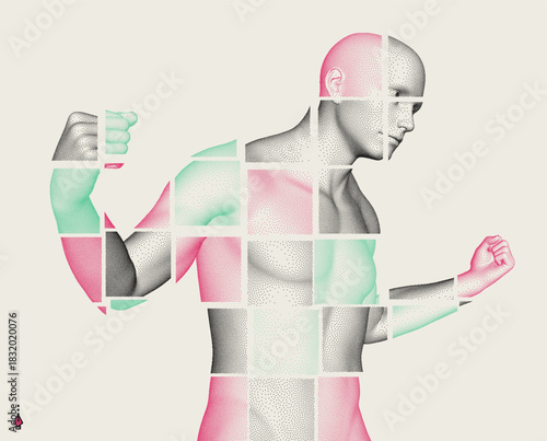 Man standing in pose and ready to fight. Sport symbol. Concept of will win or power of spirit. Stipple effect. A symbol of sport. Vector for a brochure, poster, cover, presentation, flyer, or banner.