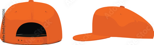 Orange baseball cap, flat brim, snapback closure, side and back view, sportswear accessory, fashion headwear, casual style, unisex design