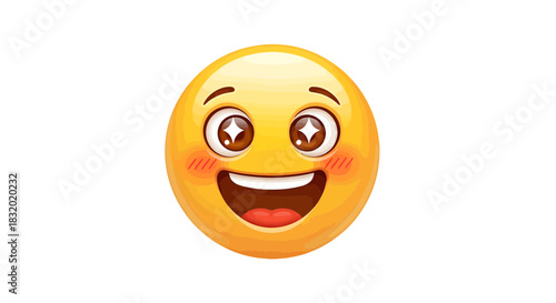Expressive joyful emoticon, illustrating happiness with bright sparkle in the eyes and blushing