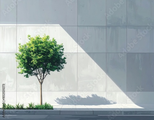 Tree contrasts stark, concrete wall with striking shadows
