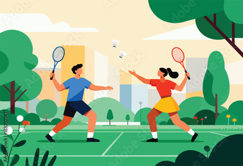 An illustrative depiction of two people playing badminton on a green court in a park setting