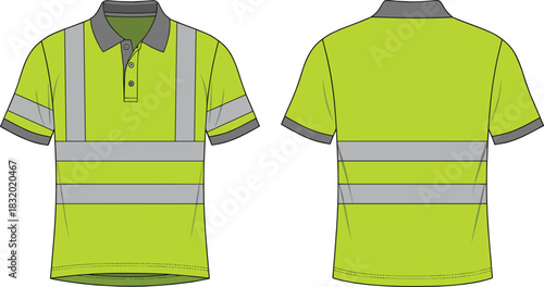 Safety polo shirt sketch, high-visibility design, reflective stripes, neon yellow-green, front and back view, workwear illustration