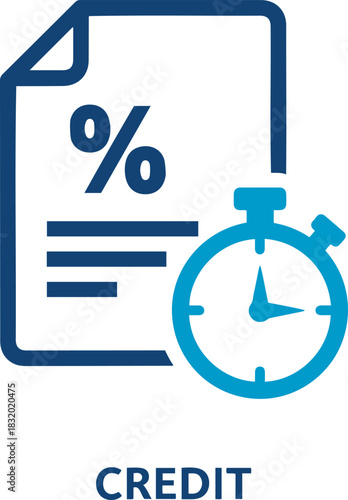 Credit and mortgage icon vector illustration of a loan document with a percentage sign and a timer next to it indicating urgency
