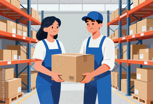 Illustration shows two workers in blue overalls holding a cardboard box in a large warehouse