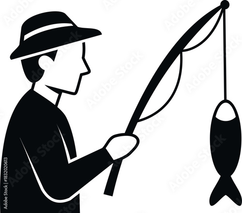 Fisherman holding a fishing rod with a caught fish, representing hobby and leisure