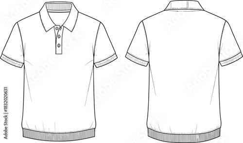 Polo shirt front and back view, short sleeves, ribbed collar and cuffs, button placket, fashion sketch, CAD streetwear flat vector 