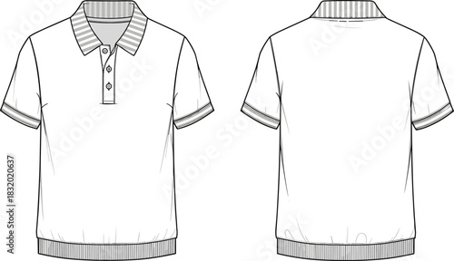 Short-sleeve polo shirt sketch, striped ribbed collar, button placket, front and back view, CAD streetwear flat vector illustration