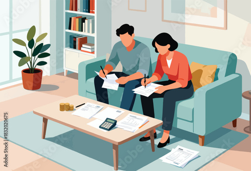 A couple reviews finances together, sitting on a couch in a living room. Papers, calculator, and coins are on the table