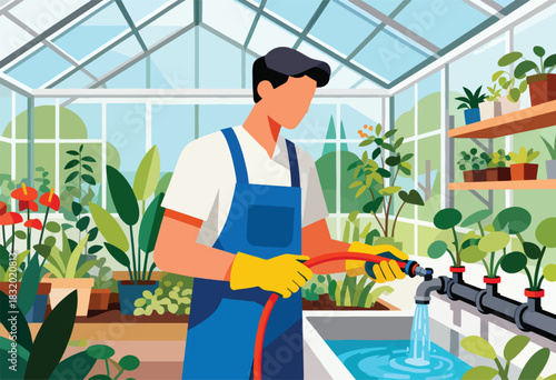 Illustration of a person tending plants in a greenhouse, using a hose for watering