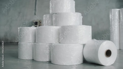 Stack of clear plastic film rolls in a gray, industrial setting