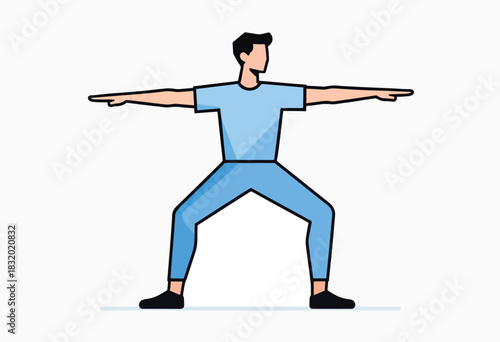 Illustration of a simplified man in yoga stance with outstretched arms and bent legs. He's in blue