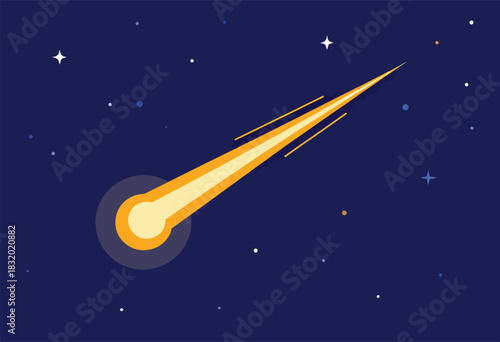 A stylized illustration featuring a radiant comet streaking across a deep blue night sky adorned with stars