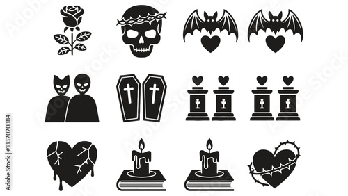 Assorted gothic themed black silhouette icons on a white background