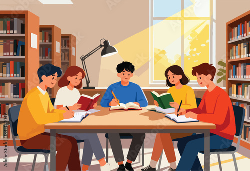 Illustration depicts students studying at a large table in a library. Light streams in from a window. Bookshelves surround