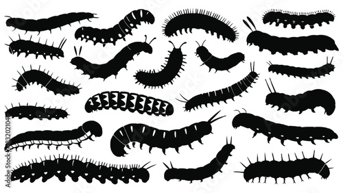 Collection of various caterpillar silhouettes on a white background