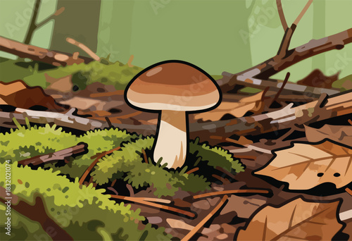 A mushroom stands in the forest's earthy floor, surrounded by fallen leaves, moss, and twigs