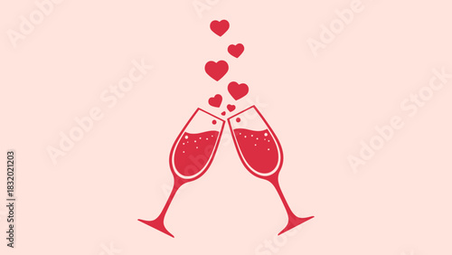 Two champagne glasses clinking together with red hearts floating up from them.