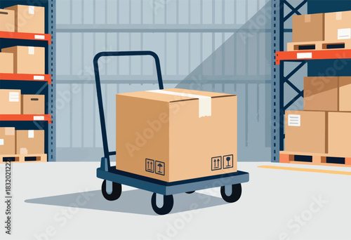 A warehouse illustration featuring a box on a hand truck. Shelves with stacked boxes are in the background