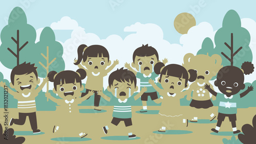 A diverse group of illustrated children expressing different emotions like happiness and sadness in a park setting.