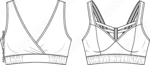 Sports bras front view comparison, wrap and crisscross styles, wide band, seam detail, fashion sketch, CAD streetwear flat vector illustration
