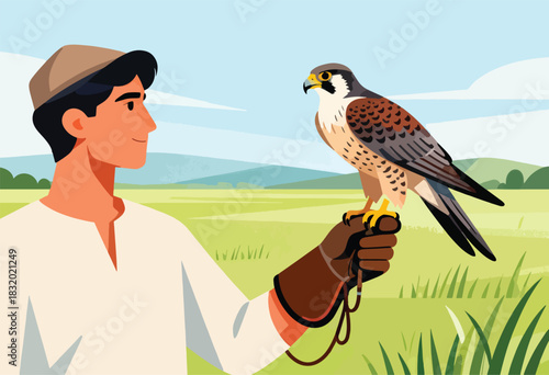 A falconer stands in a field holding a falcon on a gloved hand. The bird is facing right
