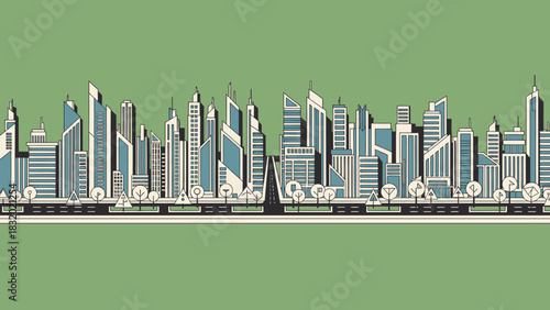 A panoramic illustration of a modern city skyline with diverse skyscrapers and a tree-lined avenue in the foreground.