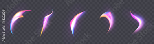 Rainbow-colored highlights of refractive light create soft, curved shapes against a dark background. Vector colorful highlights for overlays in illustrations, cosmetic mockups, and graphic designs.
