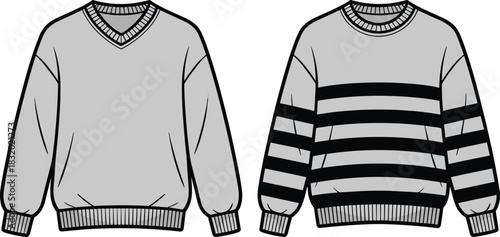 Sweater illustration, two styles, V-neck and crew neck, striped pattern, ribbed cuffs, fashion design, apparel template