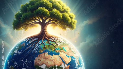 Realistic tree growing on planet Earth with roots exposed  