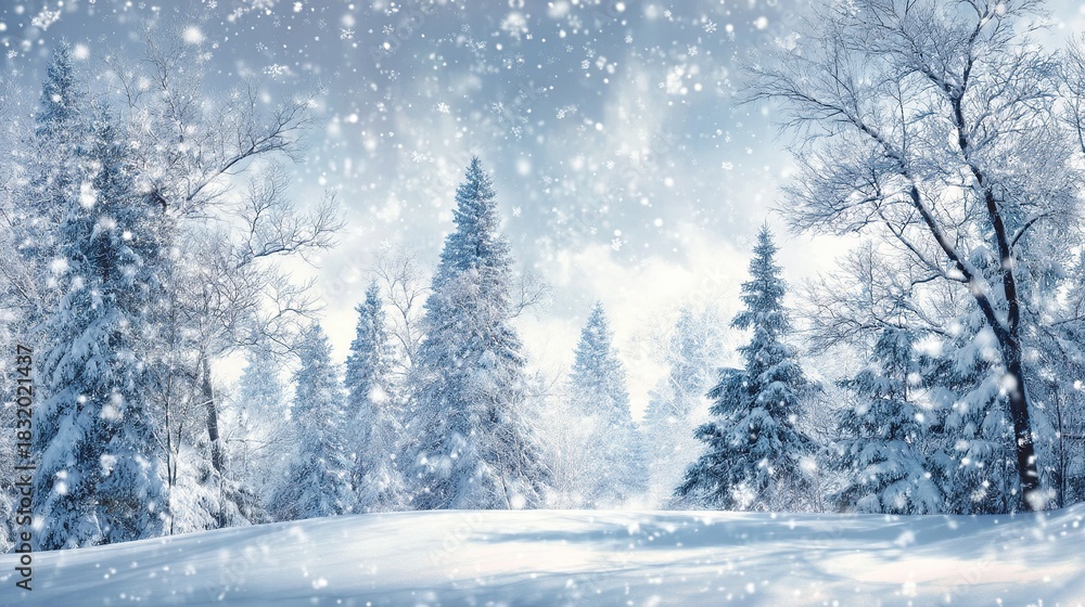 Fototapeta premium A winter snow scene, a pine forest covered in snow, snowflakes falling gently, a winter wonderland shrouded in mist, a peaceful snowy landscape, with soft snowfall creating a magical winter backdrop.