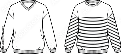 Sweater sketch, two styles, V-neck and crew neck, striped pattern, ribbed cuffs, fashion design, apparel illustration