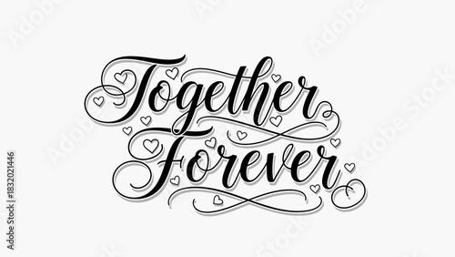 Elegant lettering art with the words "Together Forever" surrounded by small hearts, conveying love and commitment.