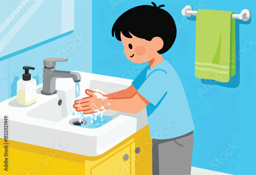 An illustrated depiction of a child washing hands at a sink with soap and water, hygiene