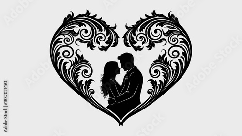 Silhouette of a couple embracing within an ornate heart-shaped frame, representing love and togetherness.