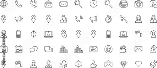 Modern minimalist communication and business line icons collection including email, phone, location, messaging, video call and customer support symbols for digital interface design