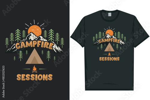 Campfire seasons mountain adventure vintage retro wildlife wilderness forest river pine trees wolf bear hill hiking lover campfire great outdoors wanderlust 
typography graphics tshirt design