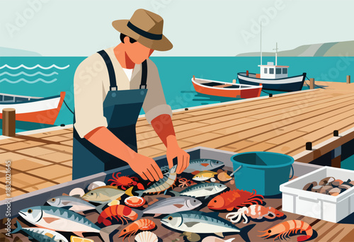 A fisherman in overalls and hat sorts seafood on a pier, boats bob in the blue water