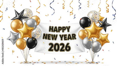 Cheerful Happy New Year 2026 Celebration with Balloons and Confetti