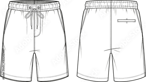 Technical flat sketch of men's shorts, front and back view, fashion design, garment construction, apparel illustration, vector drawing