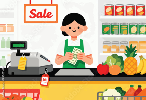 A cashier at a supermarket counts money beneath a "Sale" sign, surrounded by produce, canned goods, and a checkout