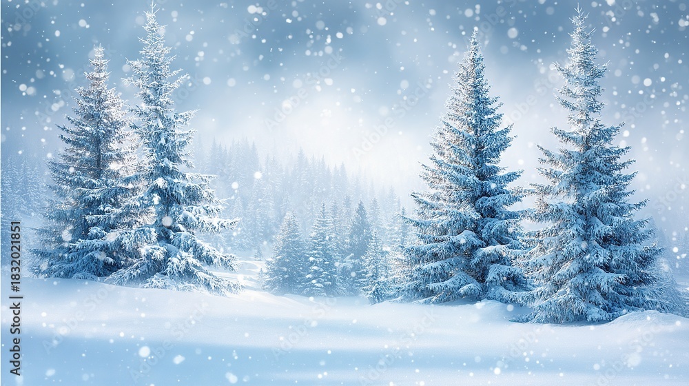 Fototapeta premium A winter snow scene, a pine forest covered in snow, snowflakes falling gently, a winter wonderland shrouded in mist, a peaceful snowy landscape, with soft snowfall creating a magical winter backdrop.