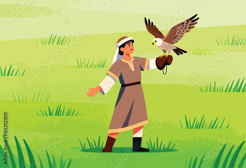 A falconer stands in a field holding a falcon, one arm outstretched, in a flat vector illustration style