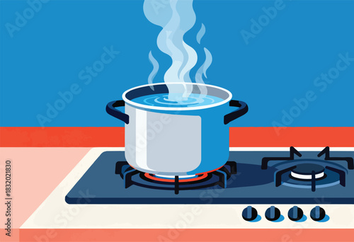 Illustration of a blue pot on a stovetop with boiling water and rising steam. A minimalist style image