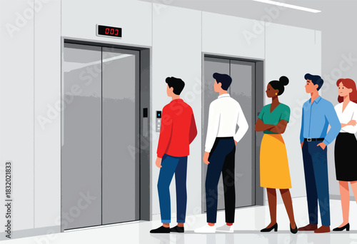 Illustration of a group of diverse people waiting for an elevator in a modern, minimalistic setting