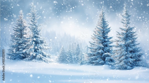 A winter snow scene, a pine forest covered in snow, snowflakes falling gently, a winter wonderland shrouded in mist, a peaceful snowy landscape, with soft snowfall creating a magical winter backdrop.