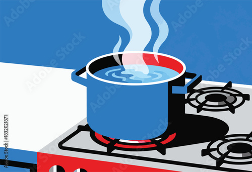 An illustration depicting a blue pot with boiling water on a stove with a red burner. Steam rises