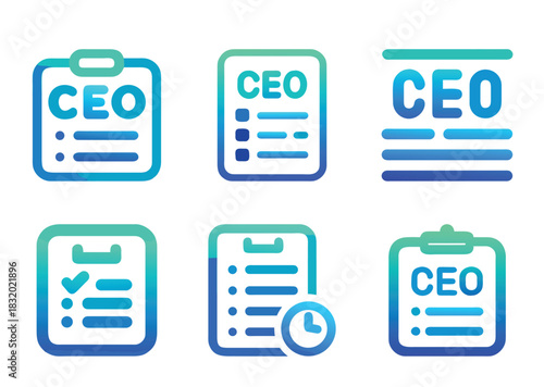 Set of six CEO checklist icons with different representations of management